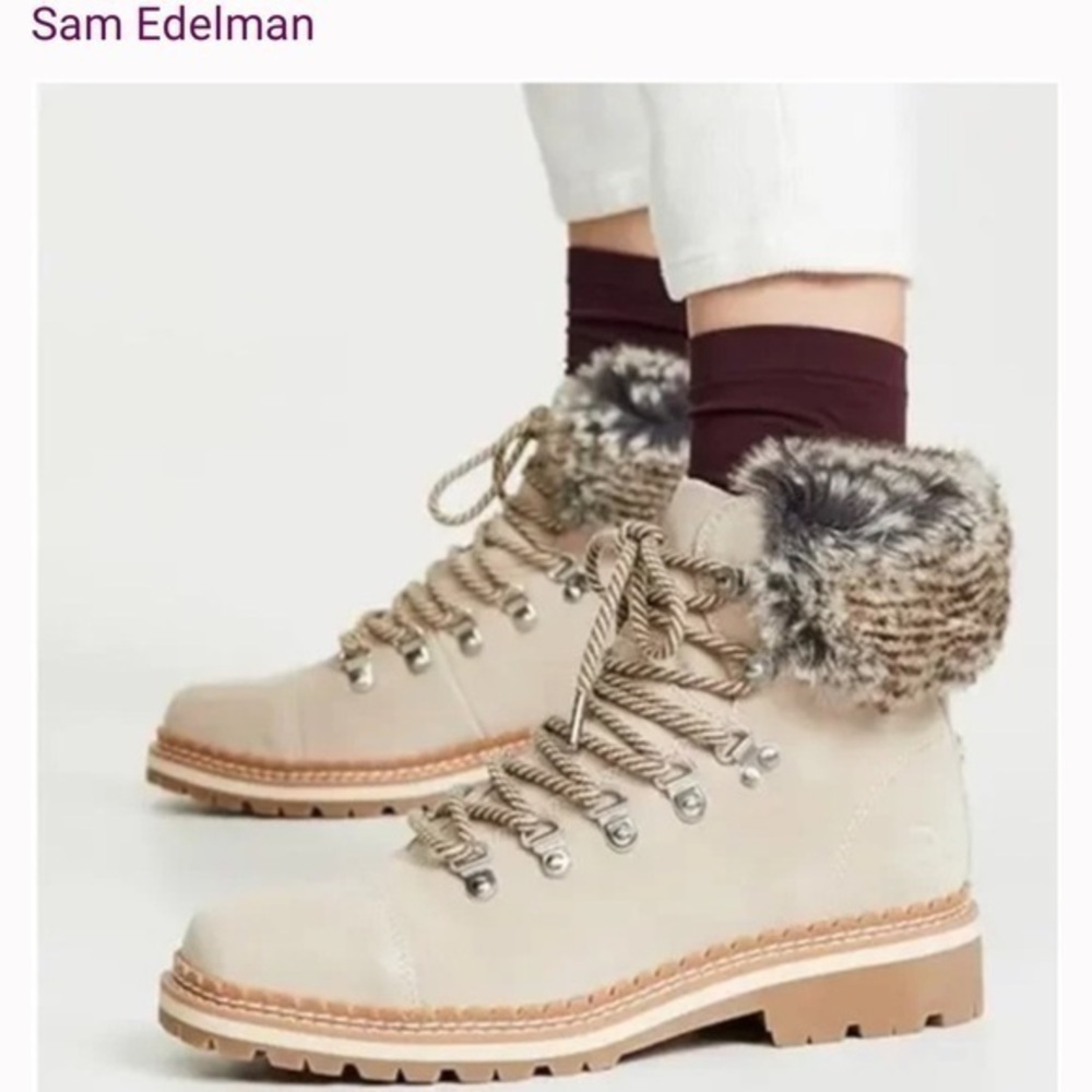 Sam Edelman Bowen faux fur trim combat bootie in beige suede shoes size 8.5